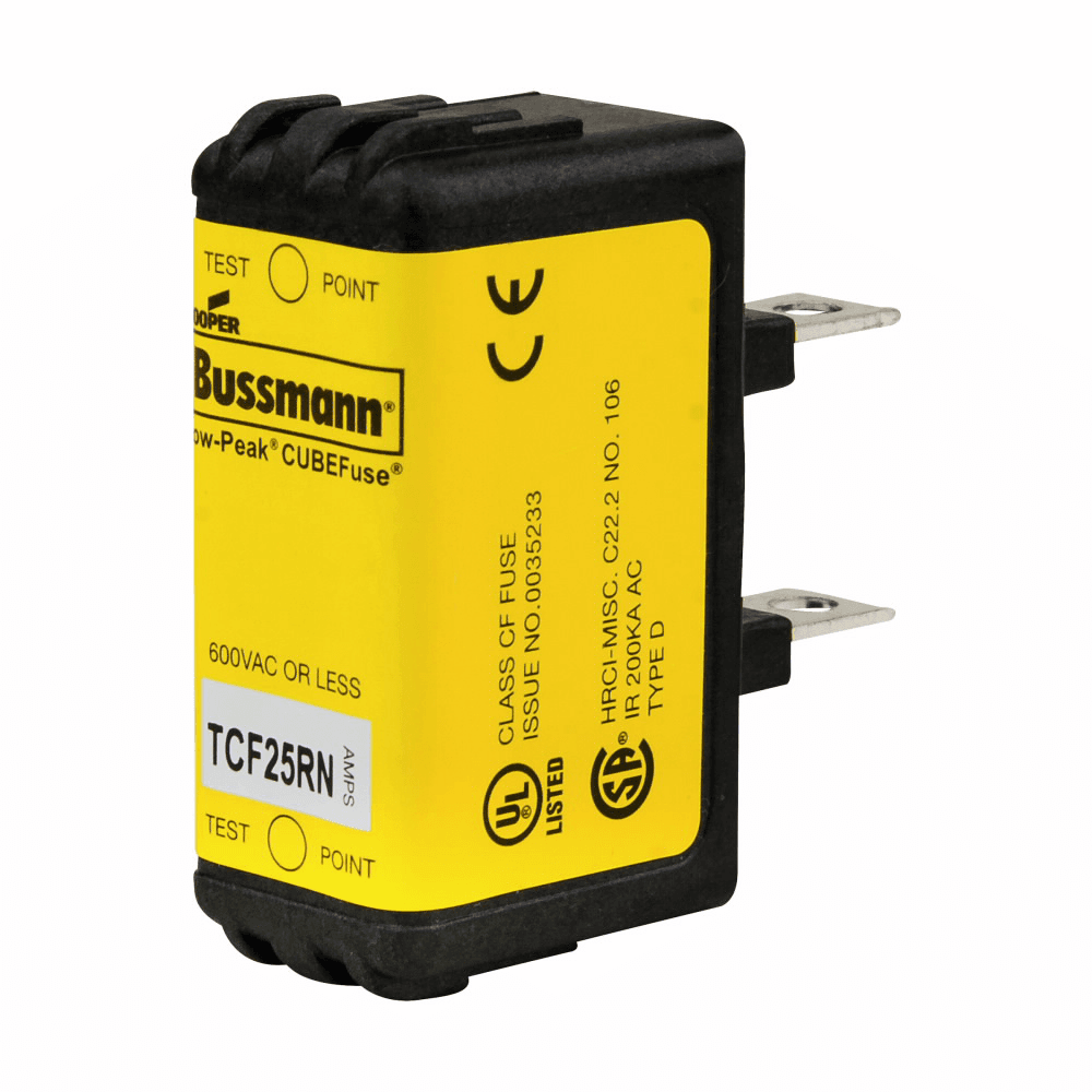 Cooper Bussmann TCF25RN TCF25RN Cooper Bussmann - Eaton Bussmann series TCF fuse, Finger safe, 600 Vac/300 Vdc, 25A, 300 kAIC at 600 Vac, 100 kAIC at 300 Vdc, Non-Indicating, Time delay, inrush current withstand, Class CF, CUBEFuse, Glass filled PES