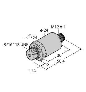 Turck PT1000PSIG-2021-I2-H1143/X Pressure Transmitter, With Current Output (2-Wire), , Fully welded metal measuring cell, Pressure range 0…1000 psi rel., Pressure peak orifice, 7…33 VDC, Analog output 4…20 mA, Process connection 9/16-18 UNF (SAE) male thread, Plug-in device, M12 × 1, "