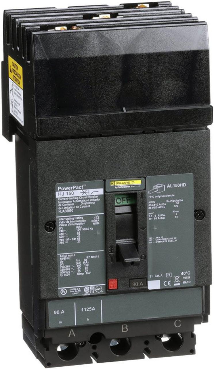 Schneider Electric HJA36090 Square D by Schneider Electric HJA36090 is a Moulded Case Circuit Breaker (MCCB) from the PowerPacT HJA sub-range, designed with a PowerPact H-Frame 150 TMD 3P 90A 600Vac/250Vdc 25kA I-line ABC 80% rated. It features a 3-pole (3P) configuration and offers thermal protection for overload and magnetic protection for short-circuit scenarios. The rated current is 90A, with a rated insulation voltage (Ui) of 750 V and rated voltages of 600Vac 600Y/347Vac for AC and 250Vdc for DC. This breaker mounts on I-line with line side isolated plug-on jaws plus a mechanical I-Line bracket mechanism, ensuring a robust attachment. It has a net height of 163 mm, a width of 104 mm, and a depth of 86 mm. The degree of protection is IP40, and it operates manually via a toggle. Protection settings include over-current fixed at 90A and short-circuit protection with a hold current fixed at 800A and a trip current fixed at 1450A. The rated operating voltage (Ue) is 690 V, with a rated impulse voltage (Uimp) of 8 kV. The trip current rating is 90 AT, with a frame current rating of 150 AF. Its short-circuit breaking rating varies by voltage, including 100kA at 240Vac, 65kA at 480Vac and 480Y/277Vac, 25kA at 600Vac and 600Y/347Vac, and 20kA at 250Vdc, all according to UL489 standards. The trip unit type is thermal-magnetic (fixed) without a display, and it falls under utilisation category A.
