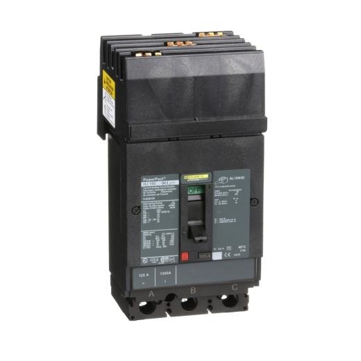 Schneider Electric HJA36125 Square D by Schneider Electric HJA36125 is a Moulded Case Circuit Breaker (MCCB) within the PowerPacT HJA sub-range, featuring a PowerPact H-Frame 150 TMD 3P 125A 600Vac/250Vdc 25kA I-line ABC 80% rated design. It offers a 3-pole (3P) configuration with thermal protection for overload and magnetic protection for short-circuit scenarios. The rated current is 125A, with a rated insulation voltage (Ui) of 750 V and rated voltages of 600Vac 600Y/347Vac and 250Vdc. This MCCB mounts on I-line with line side isolated plug-on jaws plus a mechanical I-Line bracket mechanism, ensuring a robust attachment. It has a net height of 163 mm, a width of 104 mm, and a depth of 86 mm. The degree of protection is IP40, and it operates manually via a toggle. Protection settings include over-current fixed at 125A and short-circuit protection with a hold current fixed at 900A and a trip current fixed at 1700A. The rated operating voltage (Ue) is 690 V, with a rated impulse voltage (Uimp) of 8 kV. The trip current rating is 125 AT, with a frame current rating of 150 AF. Its short-circuit breaking rating varies from 100kA at 240Vac to 20kA at 250Vdc, according to UL489 standards. The trip unit is a fixed thermal-magnetic type without a display, and it falls under utilisation category A.