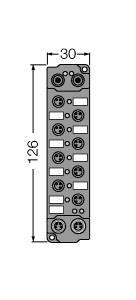 Turck SNNE-0808D-0001S Turck SNNE-0808D-0001S is a remote I/O controller within the piconet series, designed with auxiliary power for IP-Link. This part functions as a Piconet extension remote digital mixed input & output module, featuring a fiberglass reinforced housing and metal connectors. It offers 8 x 3-pin M8 female connectors for I/O ports and 2 x 4-pin M8 connectors (male + female) for voltage supply. The supply voltage requirement is 20-29Vdc, with 24Vdc nominal. It is designed for surface mounting and can operate in ambient air temperatures ranging from 0 to +55 °C. The SNNE-0808D-0001S provides an IP67 degree of protection and supports multiple communication protocols, including Ethernet/IP, Modbus TCP, PROFINET, PROFIBUS DP, DeviceNet, and CANopen. It has a net width of 30 mm, a height of 126 mm, and a depth of 26.5 mm. The module includes 8 x digital outputs (20-29Vdc / 500mA) and 8 x digital inputs (PNP / 20-29Vdc / 3ms input filter).