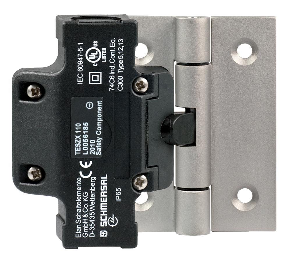 Schmersal TESZX102/S Safety switch for hinged guards; Hinge safety switch; 2 cable entries M 20 x 1.5; Simple fitting, especially on 40 mm profiles; Thermoplastic enclosure; Double-insulated; Good resistance to oil and petroleum spirit; 111,5 mm x 92 mm x 36 mm