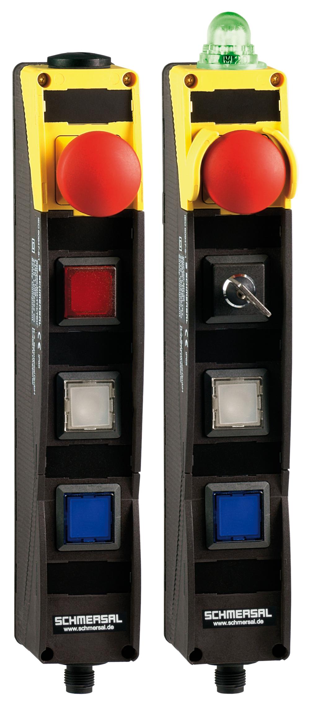 Schmersal BDF200-ST1-AS-NH-SWS20S1-LTYE-DTWH-G24 AS interface safety at work; Safety switchgear; Integrated AS-Interface; with connector plug M12 bottom; Pos 1: E-STOP; Pos 2: Key selector switch, 2 positions, key removable position 0; Pos 3: YELLOW illuminated pushbutton; Pos 4: WHITE pushbutton; Indic