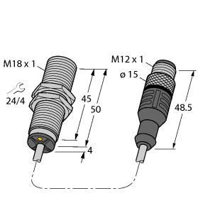 Turck BI5U-M18-AP6X-0.2-RS4T Inductive Sensor, Rated switching distance 5 mm, Cable length (L) 0.2 m, Flush, Threaded barrel, M18 x 1, Chrome-plated brass, Factor 1 for all metals, Protection class IP68, Resistant to magnetic fields, Extended temperature range, High switching frequency, DC 3-wire, 10…30 VDC, NO contact, PNP output, Pigtail with male end M12 x 1