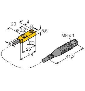 Turck BI2-Q5.5-AP6X-0.3-PSG3M Inductive Sensor, Rated switching distance 2 mm, Cable length (L) 0.3 m, Flush, Rectangular, height 5.5 mm, Active face on top, Plastic, PP, DC 3-wire, 10…30 VDC, NO contact, PNP output, Pigtail with male end M8 x 1