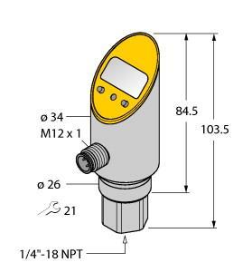 Turck PS016V-302-LI2UPN8X-H1141 Pressure sensor, With Analog Output and PNP/NPN Transistor Switching Output, Output 2 Reprogrammable as Switching Output, , Rigid process connection, non-rotatable body, Reading of adjusted values without tool, Recessed pushbutton and keylock for secure programming, Permanent indication of pressure (bar, psi, kPa, MPa, misc), Peak pressure memory, Pressure range -1…16 bar rel.