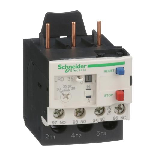 Schneider Electric LRD35 Schneider Electric LRD35, part of the LRD sub-range, is a differential thermal overload relay designed for direct connection to a contactor and features screw-clamp connections for both upstream outgoing cables and the control circuit. This 3-pole device offers protection functions classified as Class 10A, with a rated current range of 30-38 A. It includes protection settings for thermal overload within the same current range. The LRD35 is equipped with 1 Normally Open (NO) auxiliary contact and 1 Normally Closed (NC) auxiliary contact. It supports a rated voltage (AC) for phase-to-phase connections up to 690 V at frequencies from 0 to 400Hz, with a minimum operating current of 30 A and a maximum of 38 A.