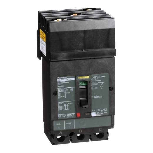 Schneider Electric HGA36050 Square D by Schneider Electric HGA36050 is a Moulded Case Circuit Breaker (MCCB) within the PowerPacT HGA sub-range, designed with a PowerPact H-Frame 150 TMD 3P 50A 600Vac/500Vdc 18kA I-line ABC 80% rated. It features a 3-pole (3P) configuration and offers thermal protection for overload and magnetic protection for short-circuit scenarios. The rated current is 50A, with a rated insulation voltage (Ui) of 750 V and rated voltages of 600Vac 600Y/347Vac for AC and 500Vdc for DC. This breaker mounts on I-line with line side isolated plug-on jaws plus a mechanical I-Line bracket mechanism, ensuring a robust attachment. It has a net height of 163 mm, a width of 104 mm, and a depth of 86 mm. The degree of protection is IP40, and it operates manually via a toggle. Protection settings include over-current fixed at 50A, short-circuit hold current fixed at 400A, and short-circuit trip current fixed at 850A. The rated operating voltage (Ue) is 690 V, with a rated impulse voltage (Uimp) of 8 kV. The trip current rating is 50 AT, with a frame current rating of 150 AF. Its short circuit breaking rating varies across voltages, with 65kA at 240Vac, 35kA at 480Vac and 480Y/277Vac, 18kA at 600Vac and 600Y/347Vac, and 20kA at 250Vdc and 500Vdc, all according to UL489 standards. The trip unit type is thermal-magnetic (fixed) without a display, and it falls under utilisation category A.
