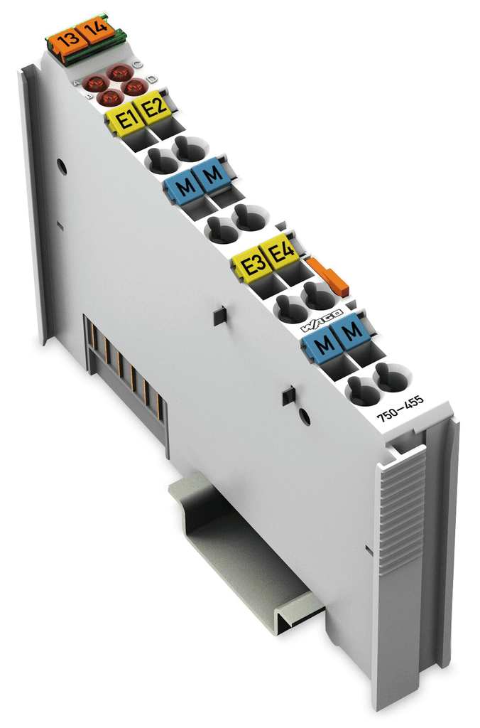 WAGO 750-455 Wago 750-455 is an I/O unit designed as a standard analog input slice module. It operates with a supply voltage of 5Vdc provided by the system and offers an adjustable supply voltage of 18-32.5Vdc to field sensing devices. This unit features push-in spring cage-clamp connections and is designed with 4 x common ground potential. It is specified for an ambient air temperature range for operation from -40°C to +55°C and for storage from -40°C to +85°C. The 750-455 supports an IP20 communication protocol and has a rated insulation voltage (Ui) of 12 mm. Its dimensions are H100mm x W12mm x D69.8mm, and it is housed in a polycarbonate (PC) / Polyamide (PA) 6.6 casing. The module accommodates 4 x analog inputs (4-20mA) with a single-ended connection and features a 12-bits / 10ms conversion rate. It has a vibration resistance according to EN 60068-2-6 of 4g and a shock resistance according to EN 60068-2-27 of 15g. The climatic resistance is rated at 65mA (5Vdc system supply) with a control circuit rated current accuracy of +-0.1% (measuring error) and +-0.01% (temperature error). The response time is 10 ms, and it is designed to withstand 95% relative humidity (RH, non-condensing).