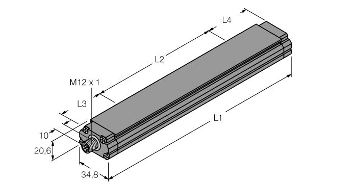 Turck LT5E-Q21-DQRANNX2-H11121 Turck LT5E-Q21-DQRANNX2-H11121 is a sensor designed for linear displacement position sensing within the EZ-track series. This part features a 21mm thick rectangular body made from anodized Aluminium housing and is equipped with a 12-pin M12 Eurofast QD male connector for connectivity. It operates on a supply voltage range of 13.5-30Vdc, with 24Vdc as the nominal voltage, and can function in ambient air temperatures ranging from -40°C to +70°C. The LT5E-Q21-DQRANNX2-H11121 offers a degree of protection rated at IP67, making it suitable for various industrial environments. It has a 5" measurement span for stroke length, with a current consumption of 100mA / 0.1A. This sensor provides one digital output operating at 13.5-30Vdc and boasts a rapid response time of 1ms / 0.001 s. The measurement accuracy, or resolution, is specified at 0.001". Additionally, it features a non-volatile capacity for zero offset storage, capable of 1 million storage cycles.