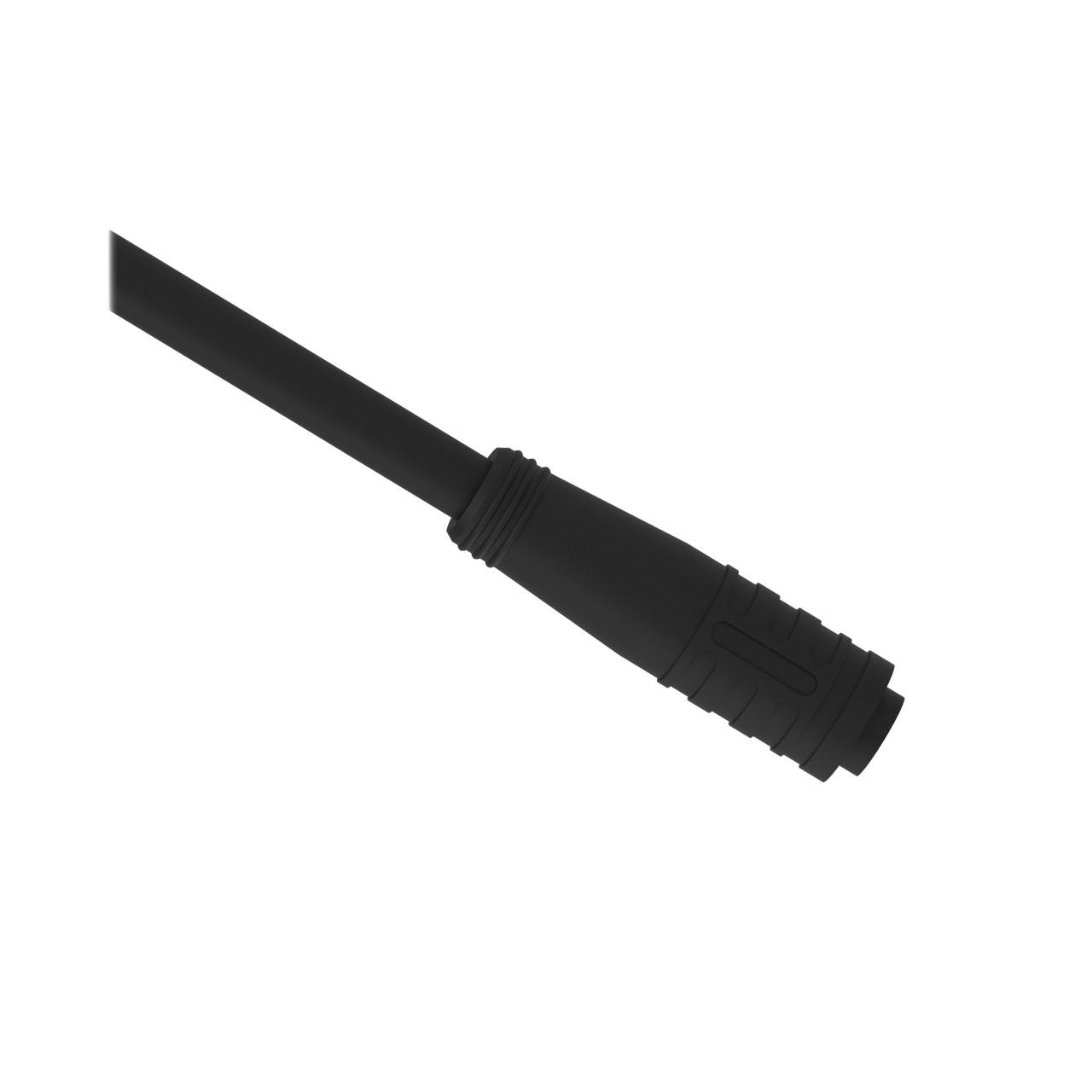 Banner PKG4S-2 Turck PKG4S-2 is a double-ended cable/cordset designed with a cross-wired configuration between pin-2 and pin-4. It features a 4.4mm cable sheath outer diameter and is capable of handling a rated current of 2A. This part includes a 4-pin M8 picofast female connector with a female snap-lock and a 4-pin M12 eurofast male connector with a T-barb fitting, belonging to the sub-range of M12 eurofast male straight to M8 picofast female straight connectors. The cable has dimensions of 0.7m or 70cm in length and offers a degree of protection rated at IP67, NEMA 1, NEMA 3, NEMA 4, and NEMA 6P. It is constructed with a nickel-plated brass coupling nut, POM locking sleeve, and a PVC jacket, all in black, including the moulded plugs and sheath. The cable is designed for a rated voltage of 125Vac, includes 4-wire circuits with a cross-section of 4 x #26AWG, and measures 70cm or approximately 27 inches in length.