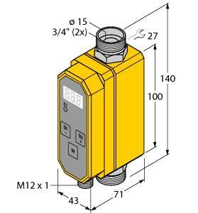 Turck FTCI-3/4D15A4P-2LIX-H1141 Flow Rate Measurement, Inline Sensor with Integrated Processor, Inline sensor, Compact inline flow sensor, Calorimetric principle, Monitoring of flow rate, Monitoring of the medium temperature, For water/glycol mix, Parametrized via button, Protected by software code, Output flow 4…20 mA, linear, Output temperature 4…20 mA, linear, DC 4-wire, 21.6…26.4 VDC, 4…20 mA analog output, Plug-in device, M12 x 1