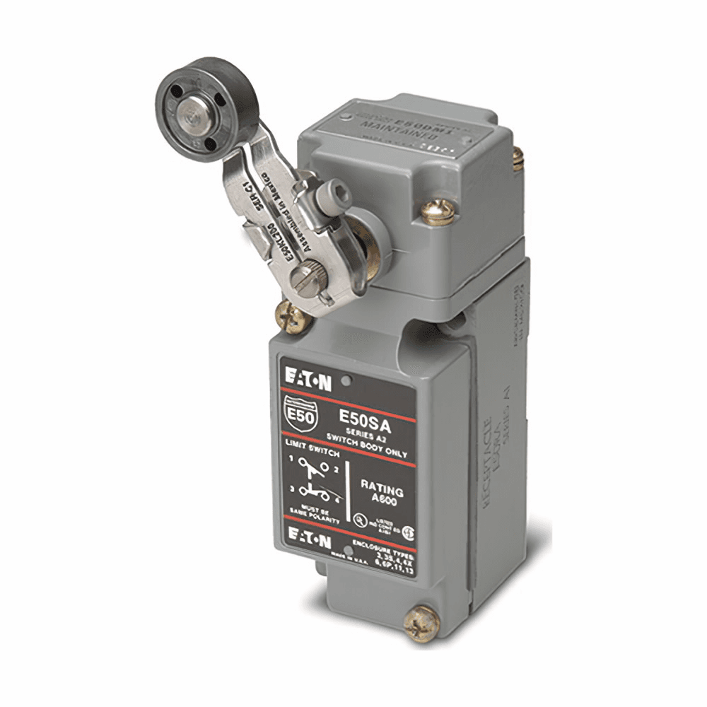 Eaton E50BLS2 E50BLS2 Eaton - Eaton E50 NEMA heavy duty plug-in limit switch,Within 0.003,Screw Terminals,10A at 240Vac,1A at 125Vdc,2NO-2NC,Die Cast Zinc,NEMA 1,3,3S,4,4X,6,6P,13,IP67,LED (24–120 Vac/dc),10A,1A,14° to 201°F (-10° to 94°C),Adj. Side Pushbutton