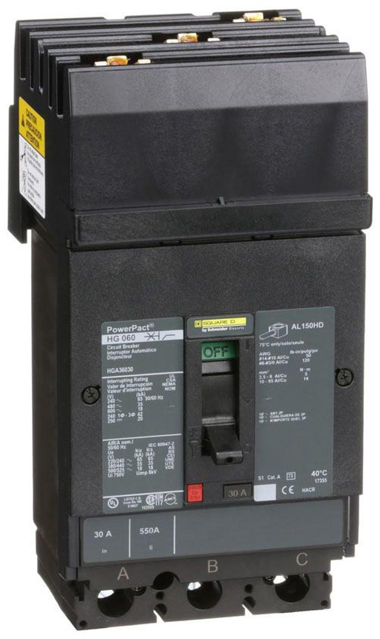 Schneider Electric HGA36030 Square D by Schneider Electric HGA36030 is a Moulded Case Circuit Breaker (MCCB) within the PowerPacT HGA sub-range, featuring a PowerPact H-Frame 150 TMD design. It is a 3-pole (3P) device with a rated current of 30A and offers thermal protection for overload and magnetic protection for short-circuit scenarios. The breaker is designed for I-line connection across ABC phases and supports a rated insulation voltage (Ui) of 750 V, with AC rated voltages of 600Vac and 600Y/347Vac, and a DC rated voltage of 500Vdc. It is engineered for mounting on I-line with line side isolated plug-on jaws plus a mechanical I-Line bracket mechanism, ensuring a robust attachment. The device measures 163 mm in height, 104 mm in width, and 86 mm in depth, with a degree of protection classified as IP40. Operation is manual via a toggle mechanism. Protection settings include over-current fixed at 30A, short-circuit hold current fixed at 350A, and short-circuit trip current fixed at 750A. The rated operating voltage (Ue) is 690 V, with a rated impulse voltage (Uimp) of 8 kV. The trip current rating is 30 AT, with a frame current rating of 150 AF. It has a short circuit breaking rating of 65kA at 240Vac, 35kA at 480Vac and 480Y/277Vac, 18kA at 600Vac and 600Y/347Vac, and 20kA at 250Vdc and 500Vdc, according to UL489 standards. The trip unit type is thermal-magnetic (fixed), with no display, and it falls under utilisation category A.