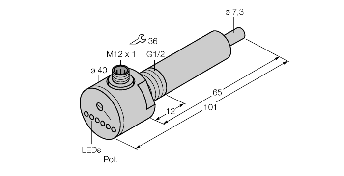 Turck FCS-G1/2A4-AP8X-H1141/L065 Turck FCS-G1/2A4-AP8X-H1141/L065 is a sensor designed for flow monitoring, featuring a 1.4571 (316Ti) stainless steel housing and wetted parts for durability. It operates within an ambient air temperature range of -20°C to +80°C and consumes 70mA / 0.07A of current. This sensor is protected to IP67 standards and has a response time of 2-15 seconds during startup and 1-15 seconds during normal operation. It includes one digital output (20-30Vdc; PNP) and is equipped with short-circuit (pulsed) and reverse polarity protection functions. The sensor can monitor flow rates from 1cm/s to 1.5m/s in water and 3cm/s to 3m/s in oil. It is part of the FCS series and comes with a pre-equipped 4-pin M12 Eurofast QD male connector and a G1/2" (1/2" BSPP) threaded male process port. The sensor can withstand pressures up to 100bar (1450psi) and requires a supply voltage of 19.2-28.8Vdc (24Vdc nom.). It features a 65mm probe and is designed to monitor medium temperatures ranging from -20°C to +80°C.