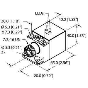 Turck BI20U-CA40-AP6X2-B1141 W/BS2.1 Inductive Sensor, Rated switching distance 20 mm, Flush, Rectangular, height 40 mm, Variable orientation of active face in 5 directions, Sensor housing GD-ALSI 12, Active face PA6-GF30, Factor 1 for all metals, Resistant to magnetic fields, High switching frequency, DC 3-wire, 10…30 VDC, NO contact, PNP output, 7/8 male connector, "