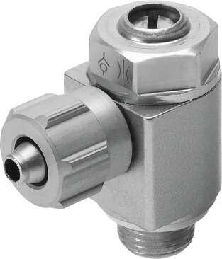 Festo 151173 one-way flow control valve GRLA-1/4-PK-4-B Valve function: One-way flow control function for exhaust air, Pneumatic connection, port  1: Male thread G1/4, Pneumatic connection, port  2: for barbed connector internal diameter 4 mm with nut, Adjusting eleme