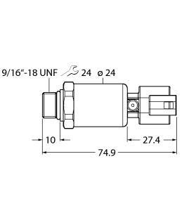 Turck PT3000PSIG-2121-I2-DT043P Pressure Transmitter, With Current Output (2-Wire), , For mobile hydraulic applications, Fully welded metal measuring cell, Sealless, With pressure tip orifice, Compact and robust design, Excellent EMC properties, Excellent accuracy and long-term stability, Kfz-Norm ISO 16750, Pressure range 0…3000 psi rel., 7.5…33 VDC, Analog output 4…20 mA, Process connection 9/16-18 UNF (SAE) male thread, Plug-in device, Deutsch DT04-3P, "