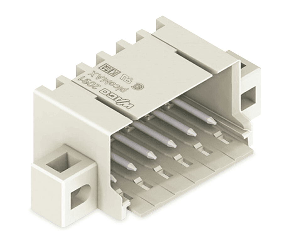 WAGO 2091-1430/205-000 WAGO 2091-1430/205-000 is a picoMAX Pluggable Connection System connector designed for PCB applications, featuring a male connector/plug type without mismating protection and a locking latch for secure connection. It operates with a nominal voltage of 160V in overvoltage category III with a pollution degree of 2, and a rated current of 10A according to IEC/EN 60664-1 standards. The UL ratings include a rated voltage of 300V and a rated current of 10A for both Use Group B and D. This connector has 10 potentials, a single connection type, and one level, with a pole number of 10. The physical specifications include a pin spacing of 3.5mm, dimensions of 49mm in width, 14.8mm in height, and a depth of 17.5mm, with a solder pin length of 2.4mm and diameter of 1mm. It features variable coding, mounting flange, feed-through mounting, panel mounting options, and anti-rotation protection. The contact material is electrolytic copper with tin plating, housed in a light gray polyphthalamide (PPA GF) with a flammability class of UL94 V0. It is designed for a temperature range of -60 to +100°C and weighs 3.8g. The product is RoHS compliant, packaged in boxes of 100 pieces, and manufactured in Germany with a GTIN of 4050821412069.