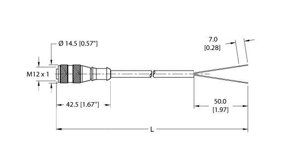 Turck RK 4.2T-0.6 Actuator and Sensor Cordset, Connection Cable, Cable length (L) 0.6 m, M12, Female, Straight, 2-pin, Instrumentation Tray Cable, Gray PVC jacket, 2X20 AWG, Sunlight Resistant, -40 Cold Bend Rating, Oil Resistant, Flame Ratings: UL 1685 FT4, UL1061, CSA FT4, Flexlife® and C-Track Approved, Cable length: 0.6 m