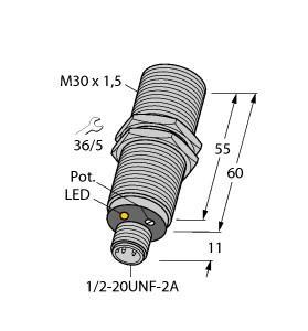 Turck BC10-M30K-RZ3X-B3131 Capacitive Sensor, Rated switching distance 10 mm, Flush, M30 × 1.5 threaded barrel, Chrome-plated brass, Fine adjustment via potentiometer, AC 2-wire, 20…250 VAC, NC contact, 1/2 connector, "