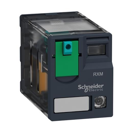 Schneider Electric RXM4AB2BD Schneider Electric RXM4AB2BD is a miniature plug-in relay within the RXM sub-range, featuring contacts made from an Ag/Ni - Silver - Nickel alloy. This relay is designed with 4C/O - 4PDT (4 Pole Double Throw) contact type, and operates with a control voltage of 24 Vdc. It is rated for a current of 6 A at both 250Vac (AC-1) and 28Vac (DC-1). The RXM4AB2BD offers plug-in mounting mode and can operate within an ambient air temperature range of -40 to +55 °C. It has an IP40 degree of protection and a current consumption of 0.038 A. This model includes a visual position indicator through an LED, consumes 0.9 W of power, and boasts an electrical durability of 100,000 operations with a resistive load, alongside a mechanical durability of 10,000,000 operations at no load. Additionally, it features a Lockable Test Button (LTB) for latching.