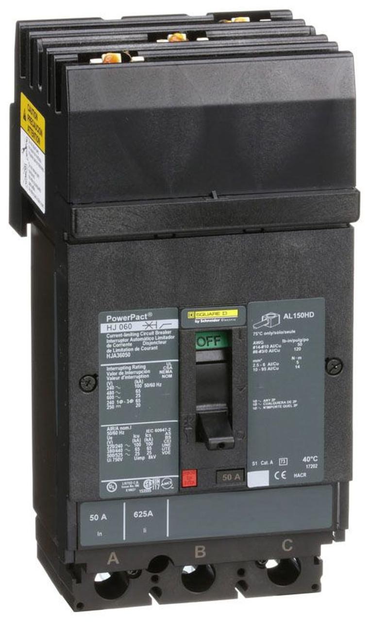 Schneider Electric HJA36050 Square D by Schneider Electric HJA36050 is a Moulded Case Circuit Breaker (MCCB) within the PowerPacT HJA sub-range, designed with a PowerPact H-Frame 150 TMD 3P 50A 600Vac/250Vdc 25kA I-line ABC 80% rated. It features a 3-pole (3P) configuration and offers thermal protection for overload and magnetic protection for short-circuit scenarios. The rated current is 50A, with a rated insulation voltage (Ui) of 750 V and rated voltages of 600Vac 600Y/347Vac for AC and 250Vdc for DC. This breaker mounts on I-line with line side isolated plug-on jaws plus a mechanical I-Line bracket mechanism, ensuring a robust attachment. It has a net height of 163 mm, a width of 104 mm, and a depth of 86 mm. The degree of protection is IP40, and it operates manually via a toggle. Protection settings include over-current fixed at 50A, short-circuit hold current fixed at 400A, and short-circuit trip current fixed at 850A. The rated operating voltage (Ue) is 690 V, with a rated impulse voltage (Uimp) of 8 kV. The trip current rating is 50 AT, with a frame current rating of 150 AF. Its short circuit breaking rating varies from 100kA at 240Vac to 20kA at 250Vdc, according to UL489 standards. The trip unit type is thermal-magnetic (fixed) without a display, and it falls under utilisation category A.