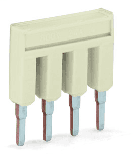 WAGO 2000-404 Wago 2000-404 is an insulated push-in type comb-style jumper bar designed for use in the TOPJOB S series. It features a 4-way design, suitable for creating busbar connections. The part is rated for a current of 14A and can handle a voltage up to 800V. Its dimensions are H4.1mm x W12.9mm x D19mm, indicating its compact size for efficient use in electrical installations. The net width corresponds to a 4-poles (4P) configuration, and it is presented in a light gray color.