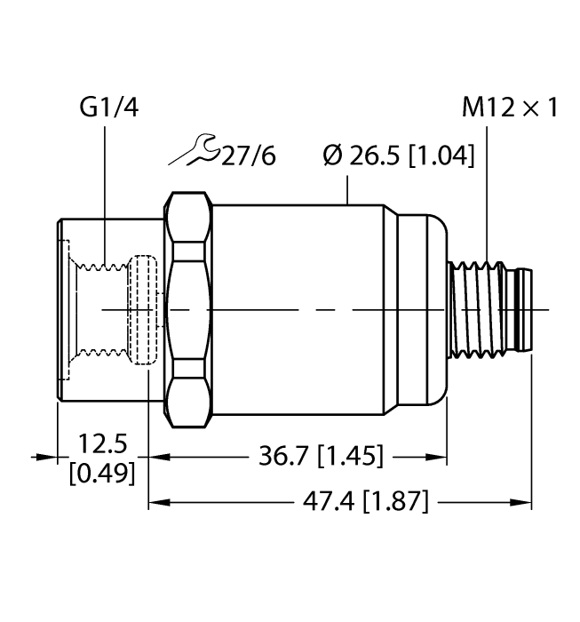 Turck PT1R-1001-I2-H1141 Turck PT1R-1001-I2-H1141 is a sensor designed for instrumentation relative pressure measurement within a range of 0 to +1 bar (0 to +14.5 psig). It operates effectively in ambient air temperatures ranging from -30°C to +85°C. This model is part of the PT1000 series and features a cylindrical body with a 4-pin M12 Eurofast QD male connector and a G1/4" (1/4" BSPP) threaded female process port for connection. It boasts an IP67 degree of protection, ensuring its suitability for challenging environments. The sensor is powered by a supply voltage of 18-33Vdc (24Vdc nominal) and has a maximum switching frequency of 100Hz. Constructed with a 1.4404 (316L) stainless steel housing, 316 stainless steel wetted parts, a ceramics Al2O3 pressure transducer, and a stainless steel 1.4404 / 316L pressure connection, it is designed for durability and longevity. The communication protocol supported is IO-Link.