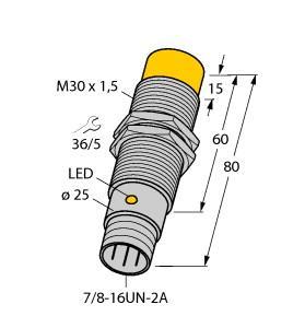 Turck NI15-G30-AZ3X-B1131 Inductive Sensor, Rated switching distance 15 mm, Non-flush, Threaded barrel, M30 x 1.5, Chrome-plated brass, AC 2-wire, 20…250 VAC, DC 2-wire, 10…300 VDC, NO contact, 7/8 connector, "