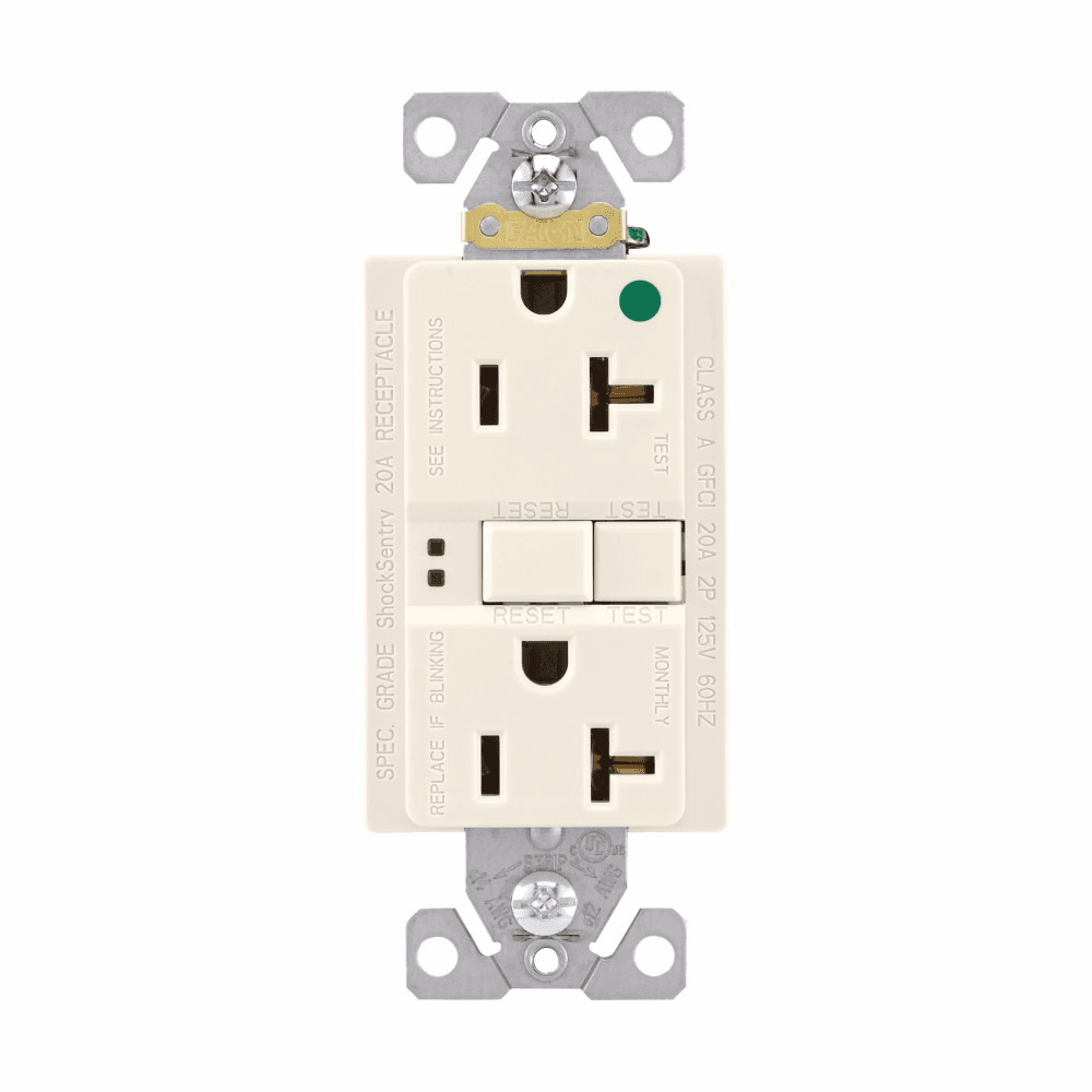 Eaton SGFH20LA SGFH20LA Eaton - Eaton hospital grade GFCI receptacle,Self-test,#14 - 10 AWG,20A,Residential,Commercial,Flush,125 V,GFCI,Back and side wire,Light almond,Brass,Receptacle,Nylon,5-20R,Two-pole, three-wire, grounding