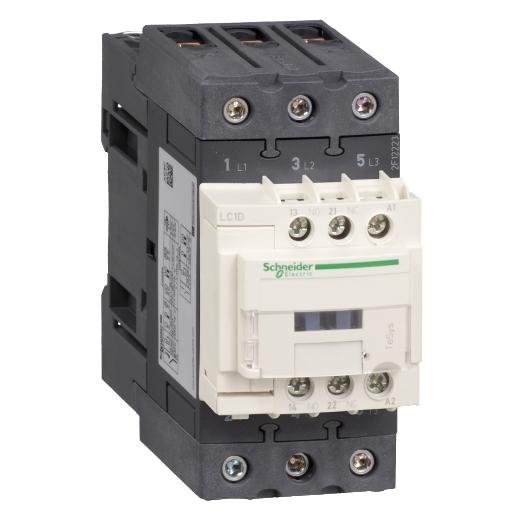 Schneider Electric LC1D40AB7 Schneider Electric LC1D40AB7 is a magnetic contactor from the Deca sub-range, featuring EverLink(TM) terminal design and screw connections. This 3-pole (3P; 3NO) contactor is rated for currents of 60A (AC-1) and 40A (440Vac; AC-3), and can be mounted on a DIN rail. It has a net width of 55 mm and offers a degree of protection of IP20. The control voltage (AC) ranges from 19.2-26.4Vac (24Vac nominal; 50Hz; 0.8...1.1 x Uc) to 20.4-26.4Vac (24Vac nominal; 60Hz; 0.85...1.1 x Uc), with a rated operating voltage (Ue) of 690 V. It includes 1 normally open (NO) auxiliary contact and 1 normally closed (NC) auxiliary contact, both of the instantaneous type (1NO+1NC). The rated impulse voltage (Uimp) is 6 kV. Its rated active power spans from 11kW at 220-230Vac to 30kW at 660-690Vac in AC-3 category, and rated power in horsepower ranges from 3HP at 115Vac to 30HP at 575-600Vac, covering both single-phase and 3-phase applications under UL/CSA standards. The mechanical durability is rated at 6 million operations at no load, and electrical durability at 1.5 million operations with load. The rated voltage (AC) phase-to-phase is 690 V.