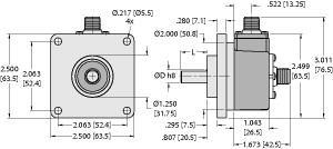 Turck RI-10T10R-4B1200-H1181 Incremental Encoder, Industrial Line, Operating voltage 5…30 VDC, Resolution incremental 1200 ppr, Square flange, Ø 63.5 mm, Solid shaft, Ø 10 mm × 20 mm, Optical measuring principle, Shaft, stainless steel, Protection class IP65 on shaft side, -40…+85 °C, Max. 12000 rpm (continuous operation 6000), 5…30 VDC, Male connector, M12 x 1, 8-pole, RS422 with inverted signals, Pulse frequency max. 300 kHz, 1200 pulses per revolution