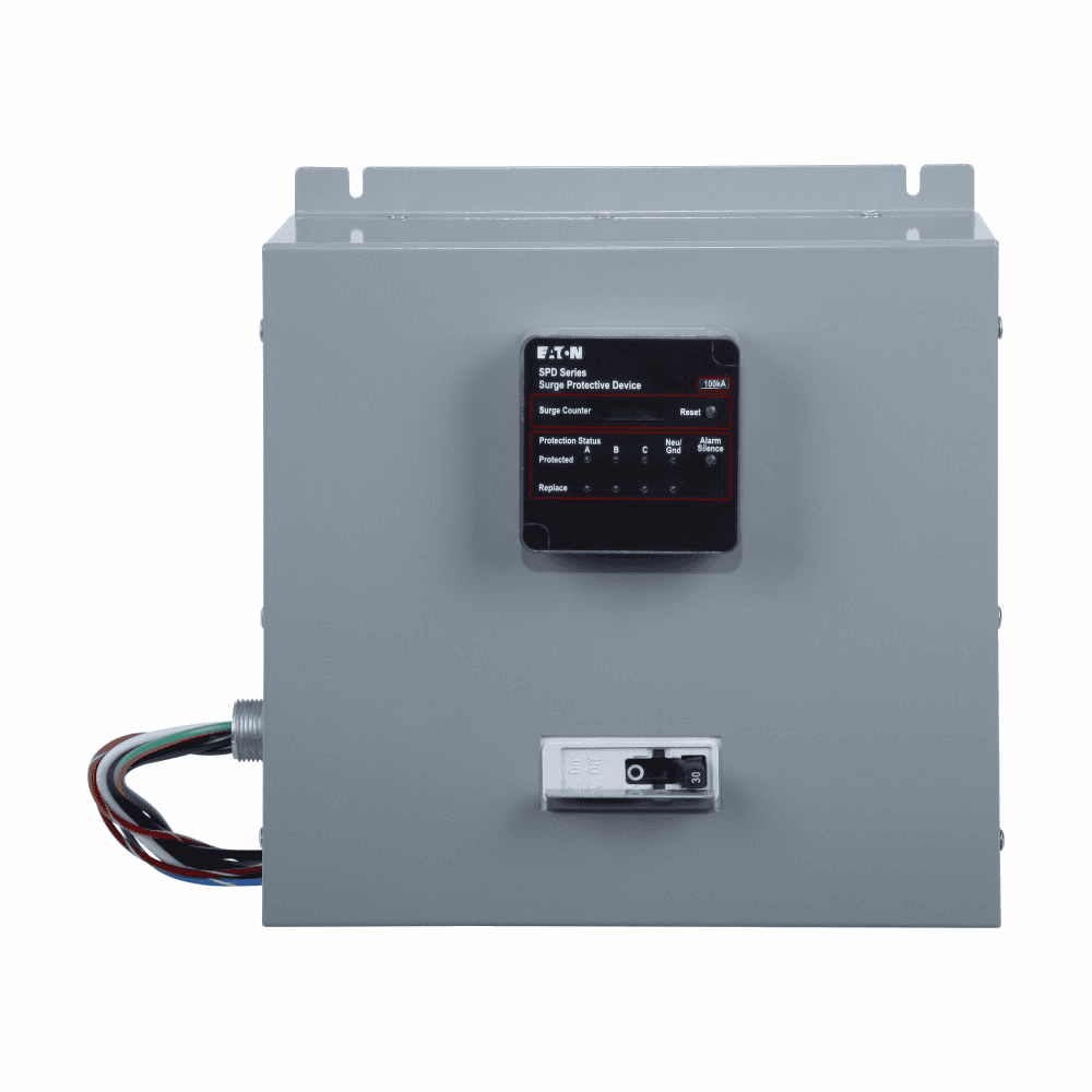 Eaton SPD120400Y3M SPD120400Y3M Eaton - Surge Protection Device, SPD series, 120 kAIC, 230/400V wye (4W+G), Standard feature package and surge counter, NEMA 1 with internal disconnect enclosure, External side mount, 320 L-N, 320 L-G, 320 N-G, 640 L-L operating voltage