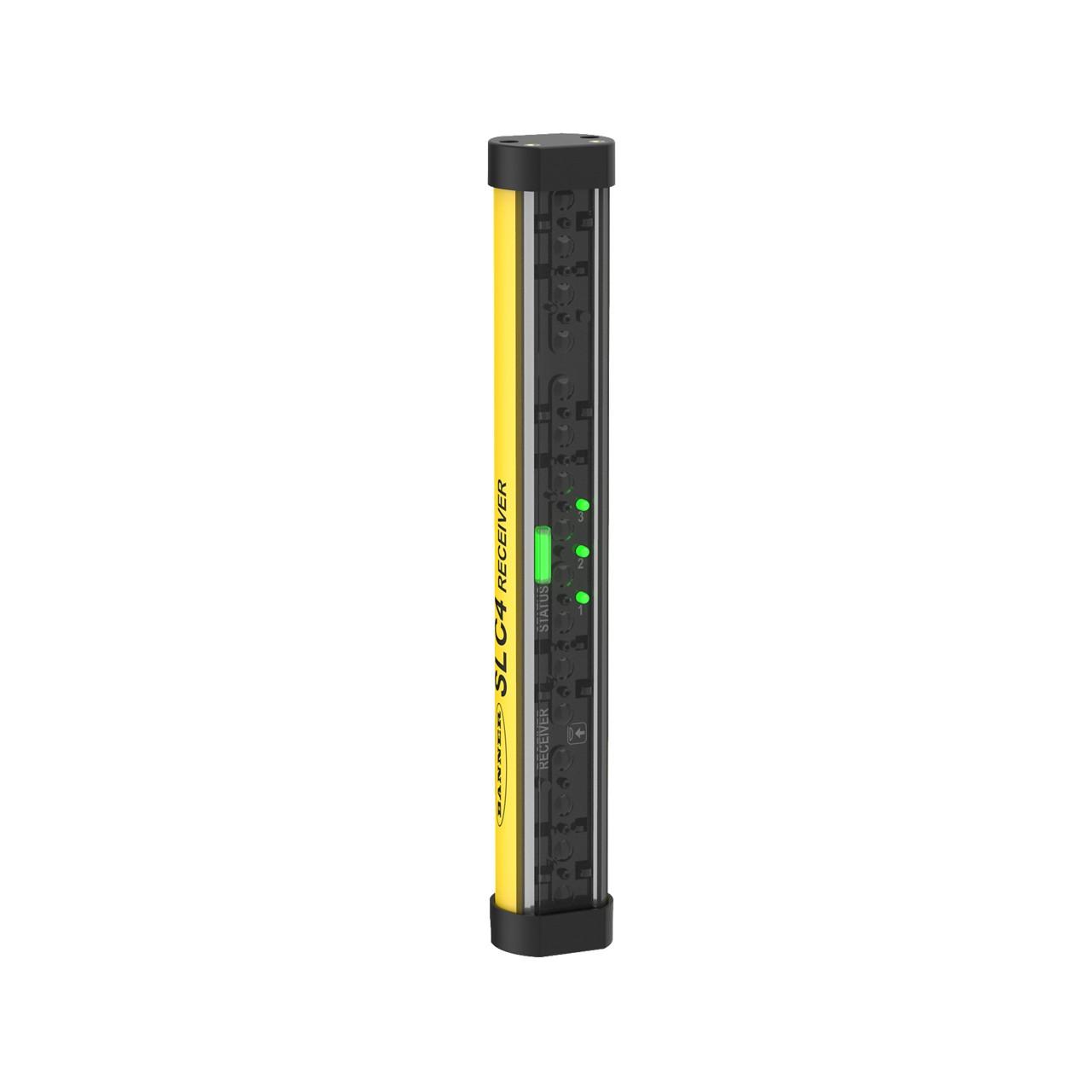 Banner SLC4R14-160P4 Banner Engineering SLC4R14-160P4 is a safety light curtain designed specifically for finger detection with a resolution of 14mm and a protective height of 160mm. This receiver unit is housed in a yellow polycarbonate (PC) casing with polycarbonate (PC) end caps, ensuring durability. It features a pre-wired 300mm pigtail that terminates with a 4-pin Euro-style M12 connector for easy installation. The device operates on a 24Vdc supply voltage and can function within an ambient air temperature range of -20 to +55°C. With an IP65 degree of protection, it is well-suited for various industrial environments. The SLC4R14-160P4 offers a sensing distance ranging from 10cm to 2m and includes 2 digital outputs (24Vdc; 300mA; sourcing; redundant OSSD solid-state outputs) for enhanced operational flexibility. Its dimensions are 27mm in width, 174mm in height, and 23mm in depth, with a 14mm beam spacing/pitch.