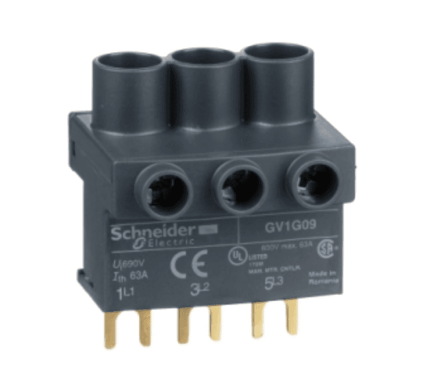 Schneider Electric GV1G09 Schneider Electric GV1G09, part of the GV2 sub-range, is a terminal designed as a set of busbars to supply two or more GV2 devices with a top incoming terminal block.