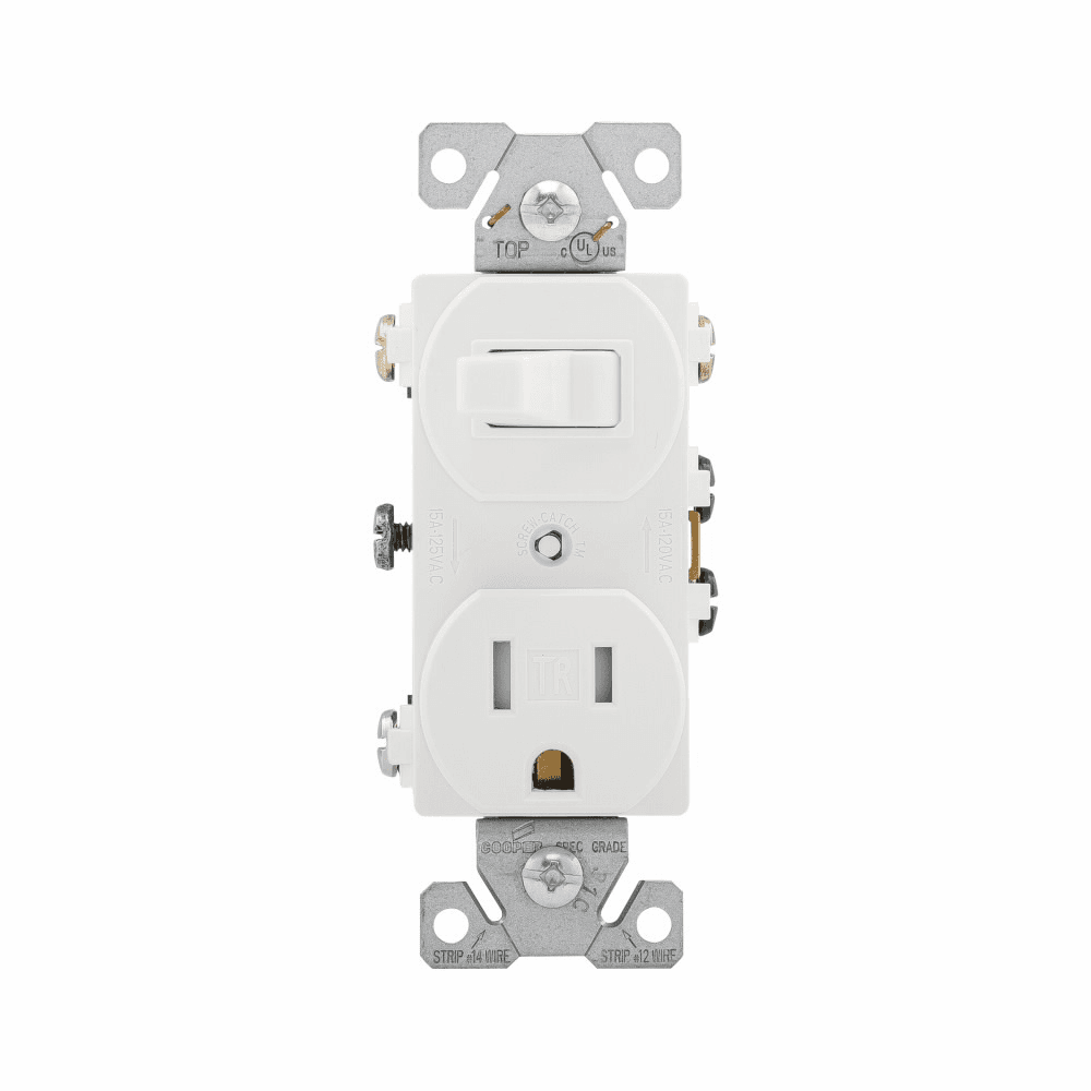 Eaton TR293W TR293W Eaton - Eaton commercial grade combination switch, tamp resist, auto-grnd, Stand, #14 - #12 AWG, 15A, Commer, 120V switch, 125V recept, bk and sd wiring, togg, Maint closure, Screw, Brass, wht, 5-15R, -20-60?C, 3-way, dplx, thermoplas, PVC