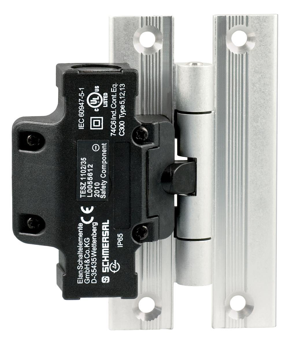 Schmersal TESZ102/S/35 Safety switch for hinged guards; Hinge safety switch; 2 cable entries M 20 x 1.5; Simple fitting, especially on 35 mm profiles; Thermoplastic enclosure; Double-insulated; Good resistance to oil and petroleum spirit; 111,5 mm x 92 mm x 36 mm