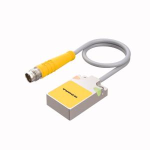 Turck BI5-Q08-AP6X2-0.2-PSG3F Inductive Sensor, Rated switching distance 5 mm, Cable length (L) 0.2 m, Flush, Rectangular, height 8 mm, Active face on top, Metal, Zamak, nickel-plated, DC 3-wire, 10…30 VDC, NO contact, PNP output, Pigtail with male end M8 x 1