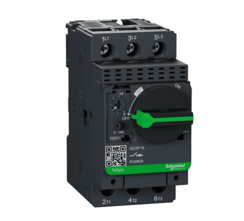 Schneider Electric GV2P16 Schneider Electric GV2P16 is a Motor Protection Circuit Breaker (MPCB) within the GV2P sub-range, designed for thermal-magnetic motor protection and manual motor starting. It features 3 poles and offers protection functions against short-circuit and thermal overload. The rated current range is 9 - 14 A, with a rated insulation voltage (Ui) of 690 V. This MPCB is designed for DIN rail or mounting plate installation, with a net width of 45 mm. Operation is facilitated through a rotary knob, with protection settings for short-circuit pickup current fixed at 170A. The rated impulse voltage (Uimp) stands at 6 kV, and it supports rated active power of 5.5 kW at 400/415Vac, 7.5 kW at 500Vac, and 11 kW at 690Vac, with a lower rating of 9 kW also at 690Vac. The trip current rating is 14 AT, and the frame current rating is 32 AF. It boasts mechanical durability of 100,000 operations at no load and electrical durability of 100,000 operations at 415Vac in AC-3 condition. Connection is made via screw-clamp terminals, with a rated voltage (AC) phase-to-phase of 690 V. All three poles are protected, supporting a minimum current of 9 A and a maximum of 14 A. The trip unit type is thermal-magnetic, and it is classified under utilisation category A AC-3.