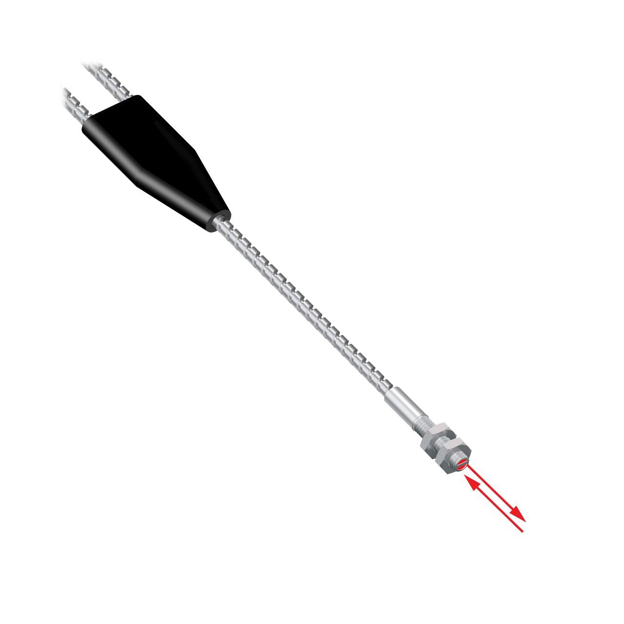 Banner BMT16.6S-HT Banner Engineering BMT16.6S-HT is a fiber sensor from the Glass fiber series, designed with a diffuse-reflective system. It features a flexible, bifurcated fiber with in-line sensing suitable for high-temperature environments. The sensing end is made of stainless steel, while the fiber core is encased in stainless flexible tubing with a glass fiber sheath. The sensor has a cylindrical (threaded) end tip, with a diameter of 0.7mm at the end and 1.6mm for the fiber core. It measures 6.6ft / 2m in length and is capable of operating in ambient air temperatures up to +315°C.