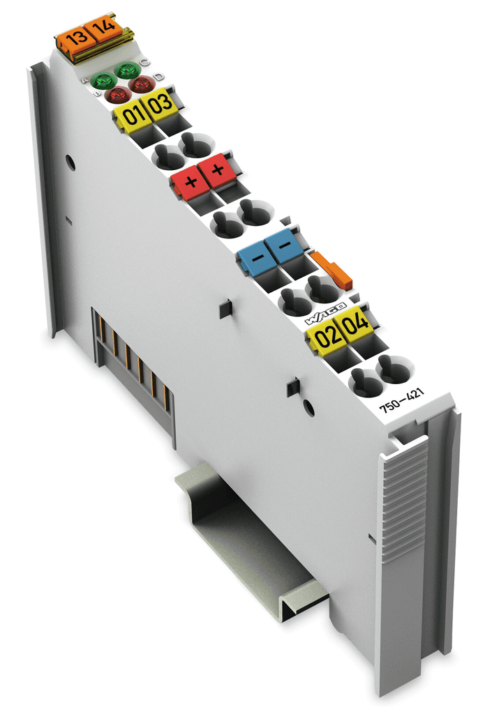 WAGO 750-421 Wago 750-421 is an I/O unit designed as a standard DC digital input slice module. It operates with a supply voltage of 5Vdc provided by the system and offers an adjustable supply voltage of 18-32.5Vdc to field sensing devices. This unit features push-in spring cage-clamp connections for secure and efficient connectivity. It is equipped with diagnostic capabilities and automatic acknowledgement for operational efficiency. The 750-421 operates within an ambient air temperature range for operation of -25°C to +55°C and has a storage temperature range of -40°C to +85°C. It supports an IP20 communication protocol and has a rated insulation voltage (Ui) of 12mm. The unit's design includes short-circuit protection and is mounted on a DIN-35 rail. It has dimensions of H100mm x W12mm x D69.8mm and is housed in a polycarbonate (PC) / Polyamide (PA) 6.6 casing. The module features 2 x digital inputs (24Vdc transistor) with high-side switching and an output voltage for 2-wire / 3-wire connections. The mounting location includes a 3ms filter. Digital inputs voltage ranges from -3 to +5Vdc (OFF) and 15-30Vdc (ON). It has a trip current rating of 12mA (5Vdc, system supply) and is designed to withstand vibration resistance according to EN 60068-2-6 -- 4g and shock resistance according to EN 60068-2-27 --15g. The unit can operate in environments with up to 95% relative humidity (RH, non-condensing).