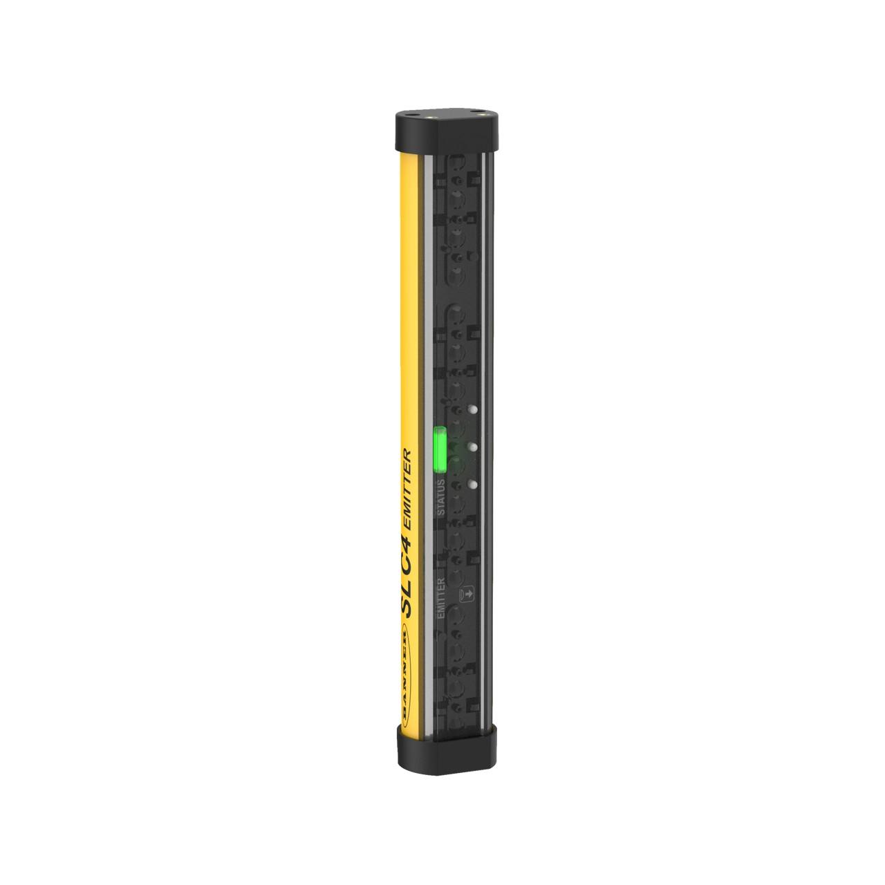 Banner SLC4E24-160P4 Banner Engineering SLC4E24-160P4 is a safety light curtain designed for hand detection with a protective height of 160mm and a resolution of 24mm. It features a polycarbonate housing and end cap in yellow, ensuring visibility. This part is pre-wired with a 300mm pigtail that terminates with a 4-pin Euro-style M12 connector for easy installation. It operates on a 24Vdc supply voltage and can function within an ambient air temperature range of -20 to +55°C. The SLC4E24-160P4 offers a degree of protection rated at IP65, making it suitable for various industrial environments. It has a net width of 27mm, a height of 174mm, and a depth of 23mm. The light curtain emits infrared light with a wavelength of 860nm and has a sensing distance ranging from 10cm to 2m. It is equipped with 2 digital outputs (24Vdc; 300mA; sourcing; redundant OSSD solid-state outputs) and features a 24mm beam spacing/pitch.