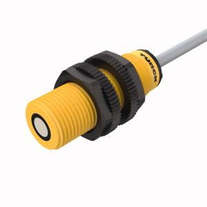 Turck RU50U-S18-AN8X Ultrasonic Sensor, Diffuse Mode Sensor, Max. range 500 mm, Cable length (L) 2 m, Smooth sonic transducer face, Cylindrical housing S18, potted, Connection via cable, 2 m, Teach range adjustable via adapter, Temperature compensation, Blind zone: 5 cm, Range: 50 cm, Aperture angle of sonic cone: ±20 °, NPN switching output, NO contact, Switching range adjustable