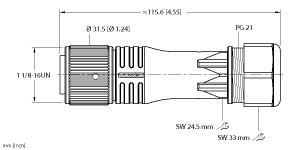 Turck B 7191-0/21 Actuator and Sensor Field Wireable, 11/8 Connection, Voltage 600 V, 1 1/8” Female, Straight, 9-pin, Plastic Housing, Screw terminal Wire Termination, "