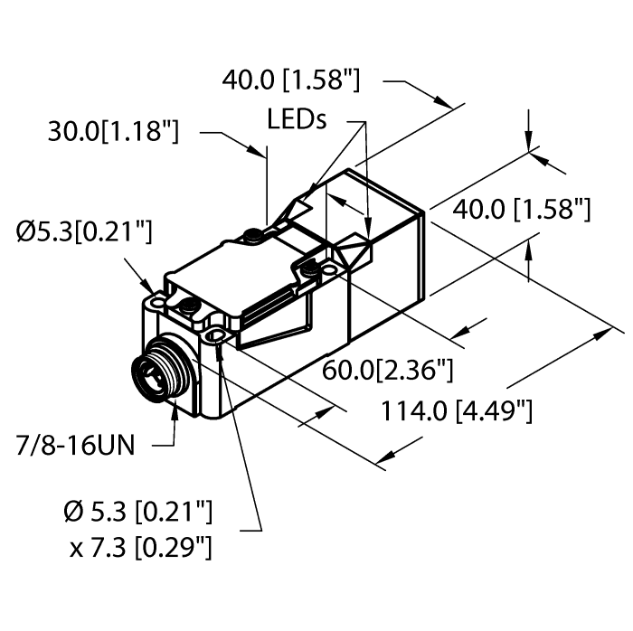 Turck NI40U-CP40-AN6X2-B1141 Turck NI40U-CP40-AN6X2-B1141 is an inductive proximity sensor designed for a variety of applications requiring precise, non-contact detection of metallic objects. This sensor operates within an ambient air temperature range of -25°C to +70°C and is equipped with a 4-pin 7/8"-16 UN Minifast male connector for connectivity. It belongs to the NI...-CP40 series and features a rectangular body measuring H40mm x W40mm, known as Combiprox, with a terminal chamber for easy installation. The sensor is protected by a PBT-GF30-V0 housing, which is a glass fiber reinforced Polybutylene Terephthalate, ensuring durability in challenging environments. With a supply voltage requirement of 10-30Vdc (12Vdc / 24Vdc nominal), it offers a maximum switching frequency of 250Hz. The sensing distance is rated at 40mm, and it operates in a Normally Open (NO) mode. It includes one digital output (10-30Vdc; NPN) and is designed with protection functions against short-circuit (pulsed), overload, and reverse polarity. The degree of protection provided by the sensor is IP67, indicating its capability to withstand dust and water ingress.