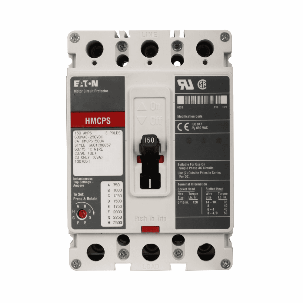 Eaton HMCPS150T4C HMCPS150T4C Eaton - Eaton molded case circuit breaker accessory motor protection, Series C, F-frame motor circuit protector, 150 A, Three-pole, Electric starters, Frame F, 450-1500 A, 600 V, 250 Vdc, Series C, Line and load, Non-aluminum