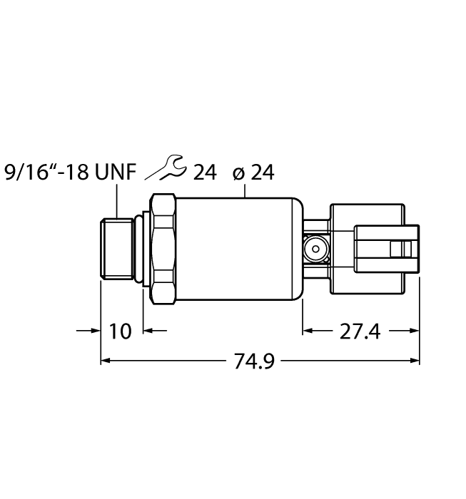 Turck PT250R-2121-I2-DT043P Turck PT250R-2121-I2-DT043P is a sensor designed for measuring relative pressure, part of the PT2000 series. It operates within an ambient air temperature range of -30°C to +85°C and can measure fluid medium temperatures from -40°C to +125°C. This sensor is equipped with a 4-pin M12 Eurofast QD male connector and a 9/16"-18 UNF threaded male process port (SAE-ORB), ensuring compatibility with various installations. The design includes a pressure snubber and is ATEX compliant, suitable for environments requiring stringent safety standards. It features a cylindrical body made from 1.4404 (316L) stainless steel for both the housing and the pressure transducer, offering durability in harsh conditions. The sensor can measure pressure ranges from 0 to +250bar (0 to +3625psig) and provides an analog output of 4-20mA. It operates on a supply voltage of 7-33VDC, with nominal values of 12VDC and 24VDC, and has a current consumption of 23mA. The device is protected to IP67 standards, ensuring protection against dust and immersion.