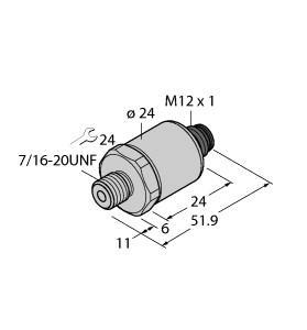 Turck PT150PSIG-1005-I2-H1143 Pressure Transmitter, With Current Output (2-Wire), , Ceramic measuring cell, Compact and robust design, Excellent EMC properties, , Pressure range 0…150 psi relative, 7…33 VDC, Analog output 4…20 mA, Process connection 7/16 UNF (SAE) male thread, Plug-in device, M12 × 1, "