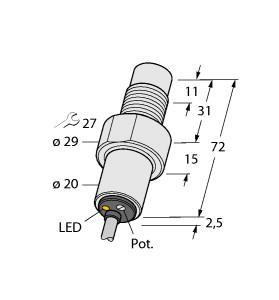 Turck BC5-S185-AP4X Capacitive Sensor, Rated switching distance 7.5 mm, Cable length (L) 2 m, Flush, M18 × 1 threaded barrel, Plastic, PVDF, Fine adjustment via potentiometer, DC 3-wire, 10…65 VDC, NO contact, PNP output, Cable connection